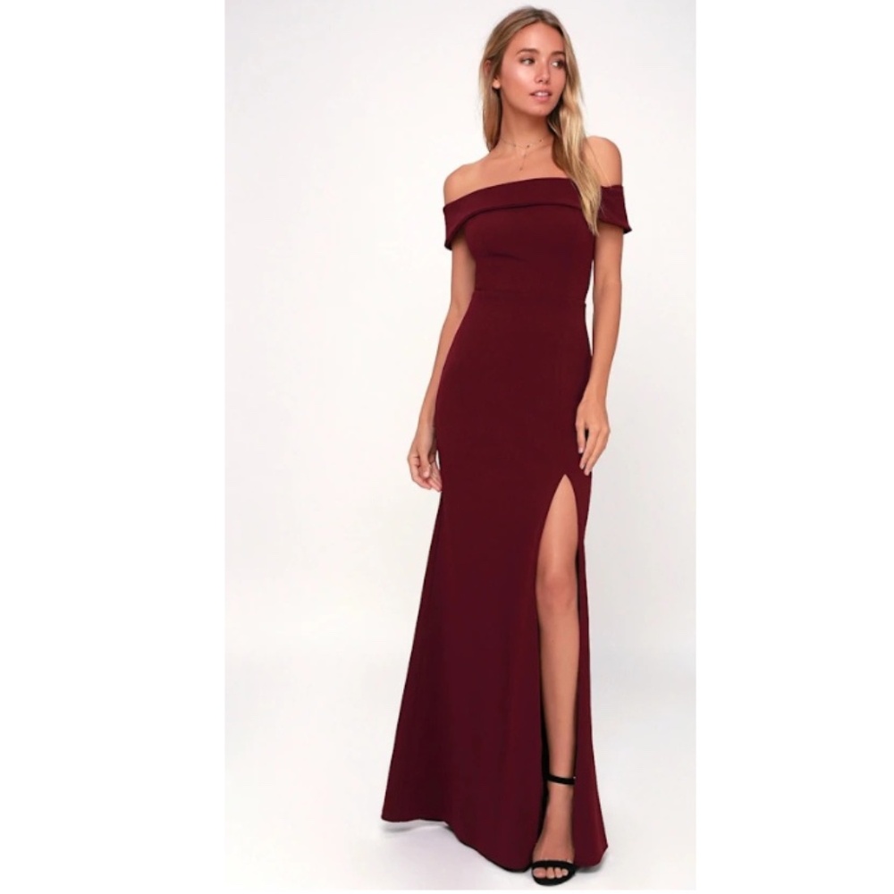 Lulus Aveline Burgundy Off-the-Shoulder Maxi Dress